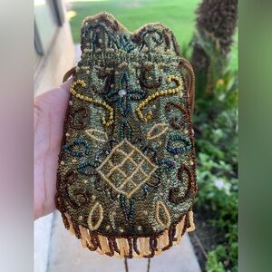 Beaded Drawstring Pouch/Bag in Metallic Olive Green